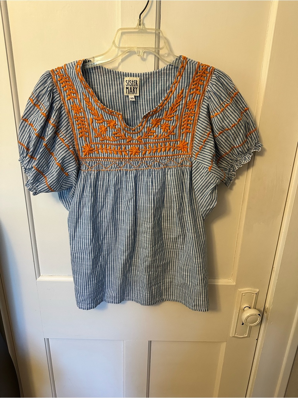 Sister Mary Blue Stripe Peasant Top with Orange Embroidery
